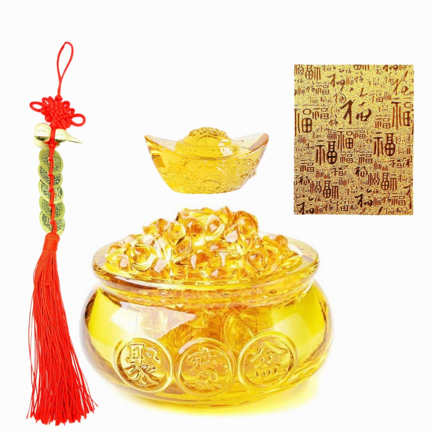 Qiandier Golden Treasure Basin Crystal Glass Figurine Chinese Decor for Home Office
