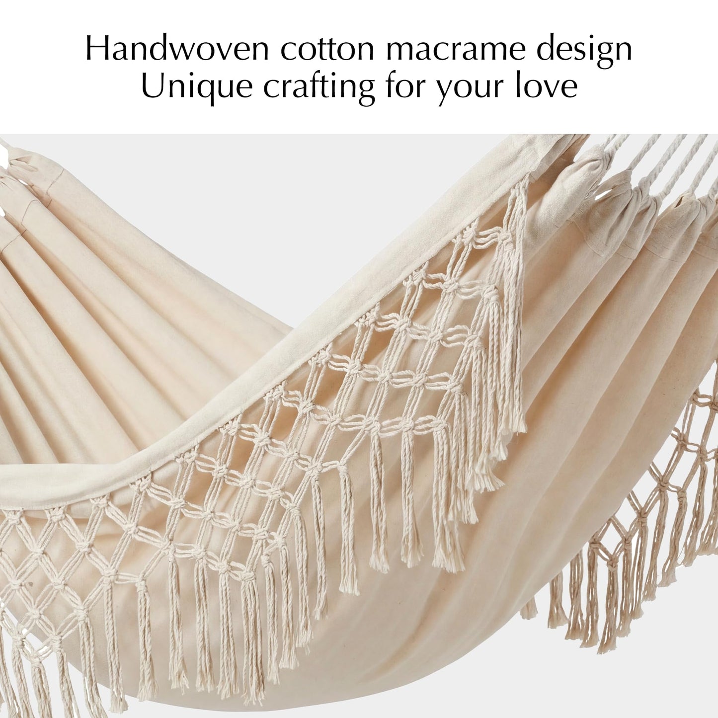 PNAEUT Handmade Tassel Hammocks, Double Hammock with Stand for Outside, Max 450 lbs Capacity, Pillow & Storage Bag Included (Beige)