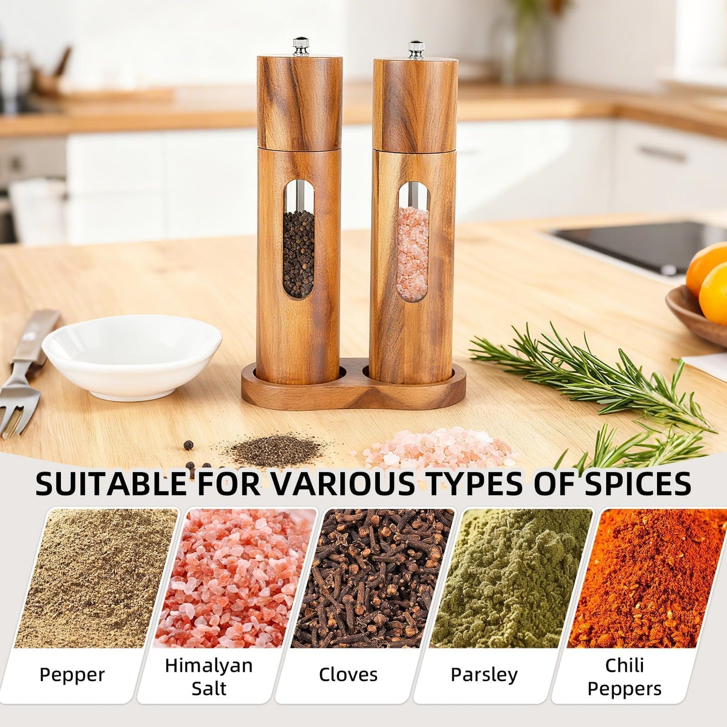 Acacia Wood Salt and Pepper Grinder Set with Base, Refillable Wooden Pepper & Salt Mill with Adjustable Ceramic Grinder for Kitchen & Dining,Durable Manual Salt Grinder