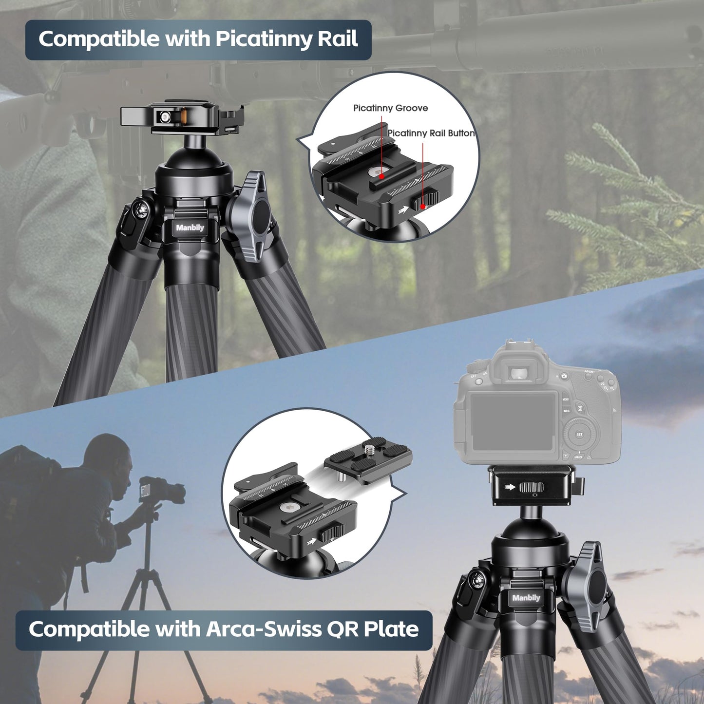 Manbily Carbon Fiber Hunting Tripod, 36mm Thick Leg Shooting Tripod with 360 Degree 44mm Large Ball and Picatinny to Arca Swiss Adapters, Max Load 44 lbs - TS-364PA