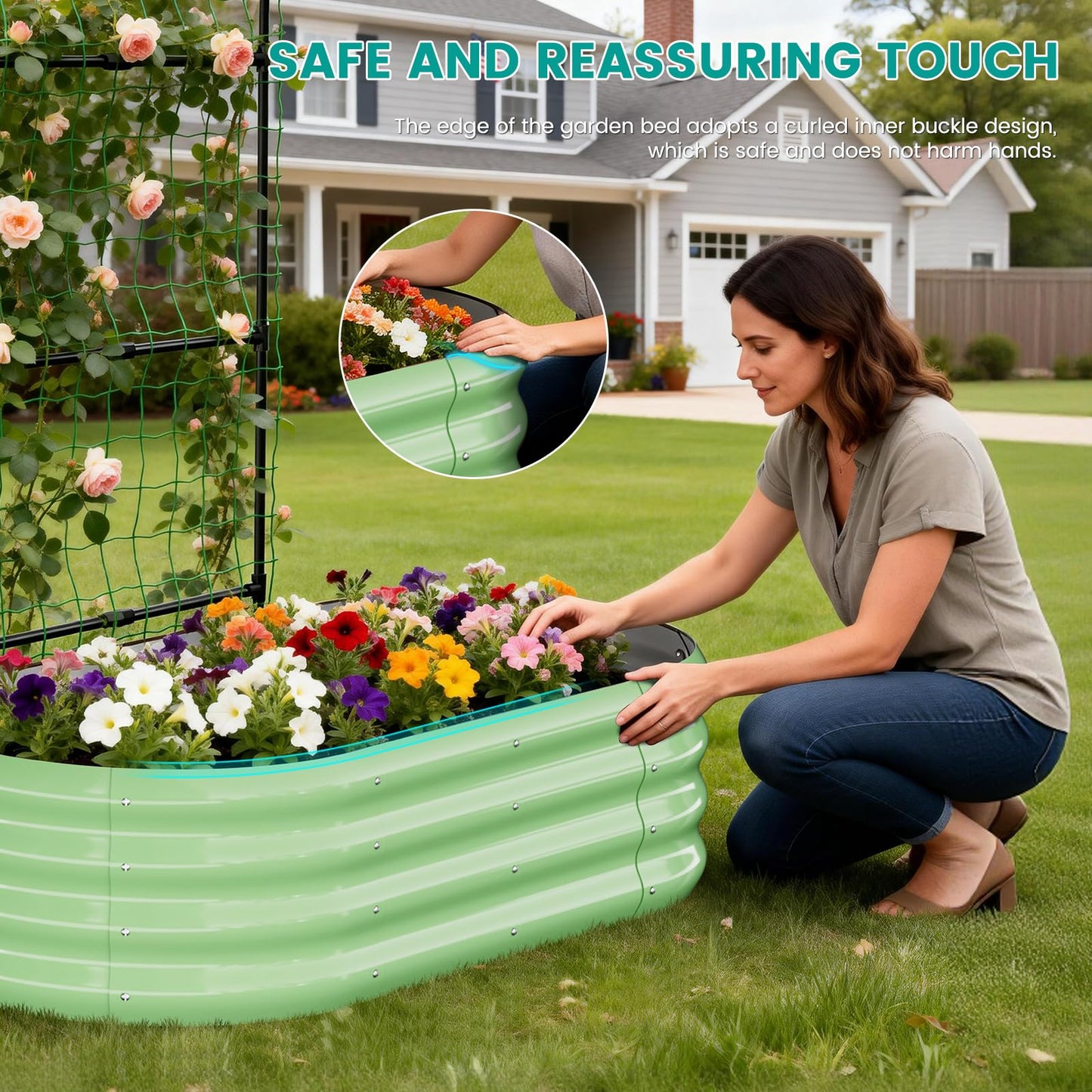 SUNYRISY Galvanized Raised Garden Bed with 87" H Arch Trellis for Climbing Plants Outdoor, Metal Planter Box with Netting for Gardening Flowers Vegetables Fruit Herb, Green