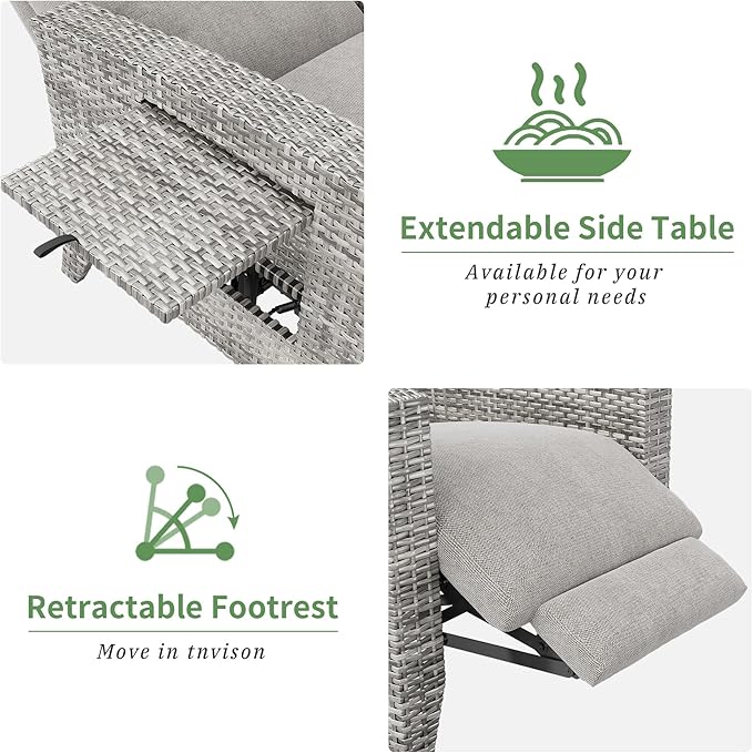 IDEALHOUSE Wicker Outdoor Recliner Reclining Patio Chairs with Adjustable Back & Footrest 150° Lay-Flat Reclining with Air Pump Rattan Flip-Up Side Table Outdoor Lounge Chairs for Pool Deck Balcony