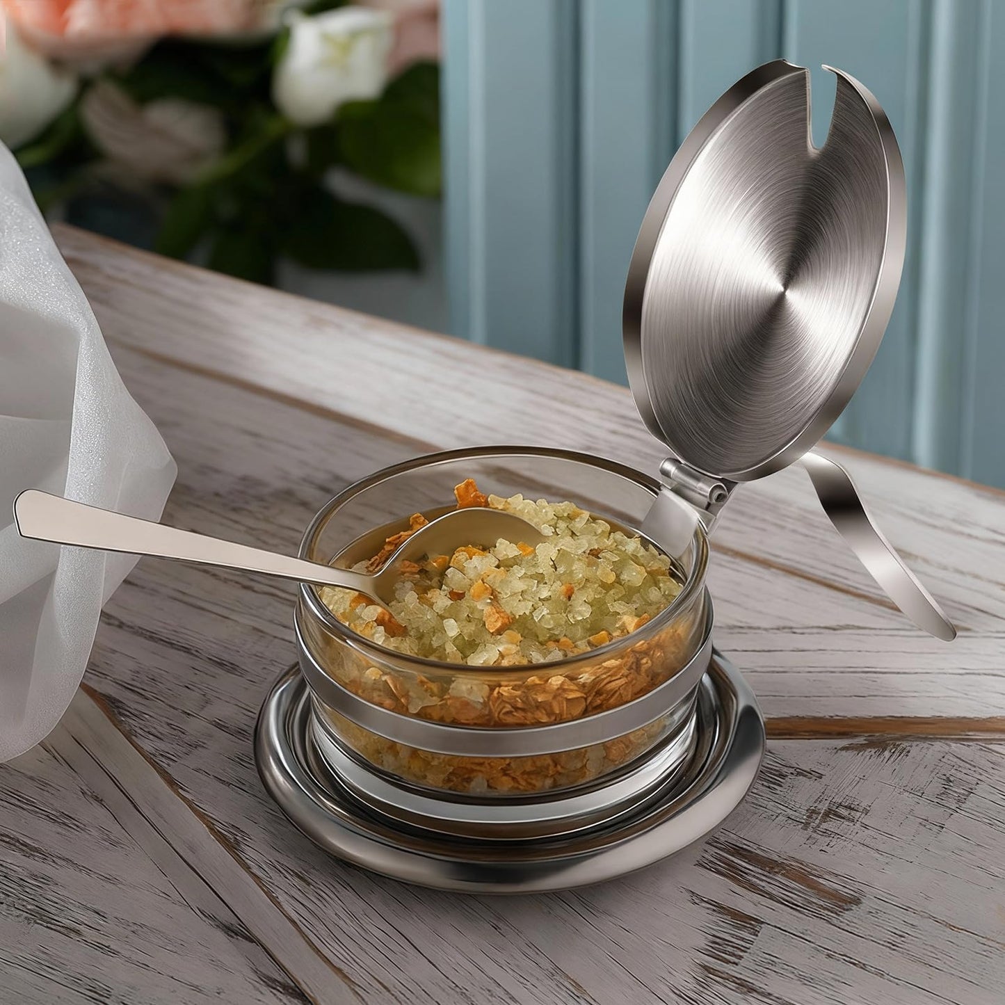 Honeydak 1 Set Stainless Steel Salt Cellar with Spoon 6.76 oz Salt Container with Spoon for Countertop, Seasoning Storage for Kosher, Sea, Candy, Pepper, Heavyweight Seasoning Jar