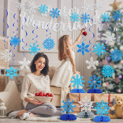 Ouddy Life 36 Pcs Winter Wonderland Christmas Decorations, Hanging Snowflake Swirls Ceiling Streamers, Glitter Paper Spiral Snowflakes Ornaments Banners Honeycomb for Xmas Frozen Party Birthday Decor