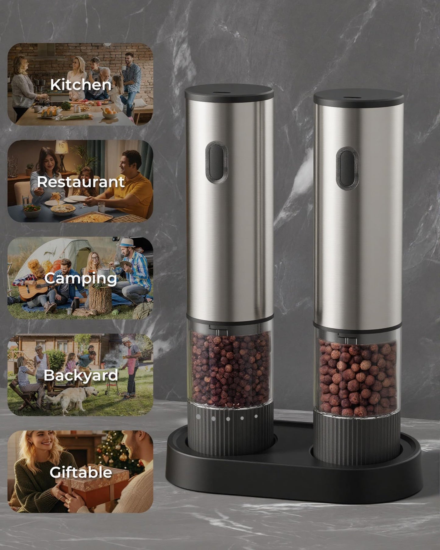 Electric Salt and Pepper Grinder Set, USB Rechargeable Salt and Pepper Shaker with LED Light, Stainless Steel Adjustable Automatic Pepper Mill for Kitchen, Dining