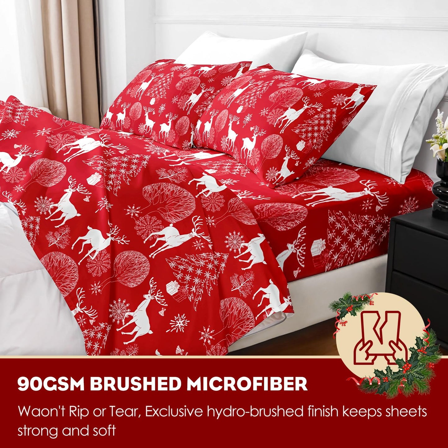 HCORA Christmas King Size Sheets Set, Luxury 1800TC Hotel Quality Double Brushed Microfiber Deep Pocket Bed Sheets, Ultra Soft, Breathable, 4PC, King