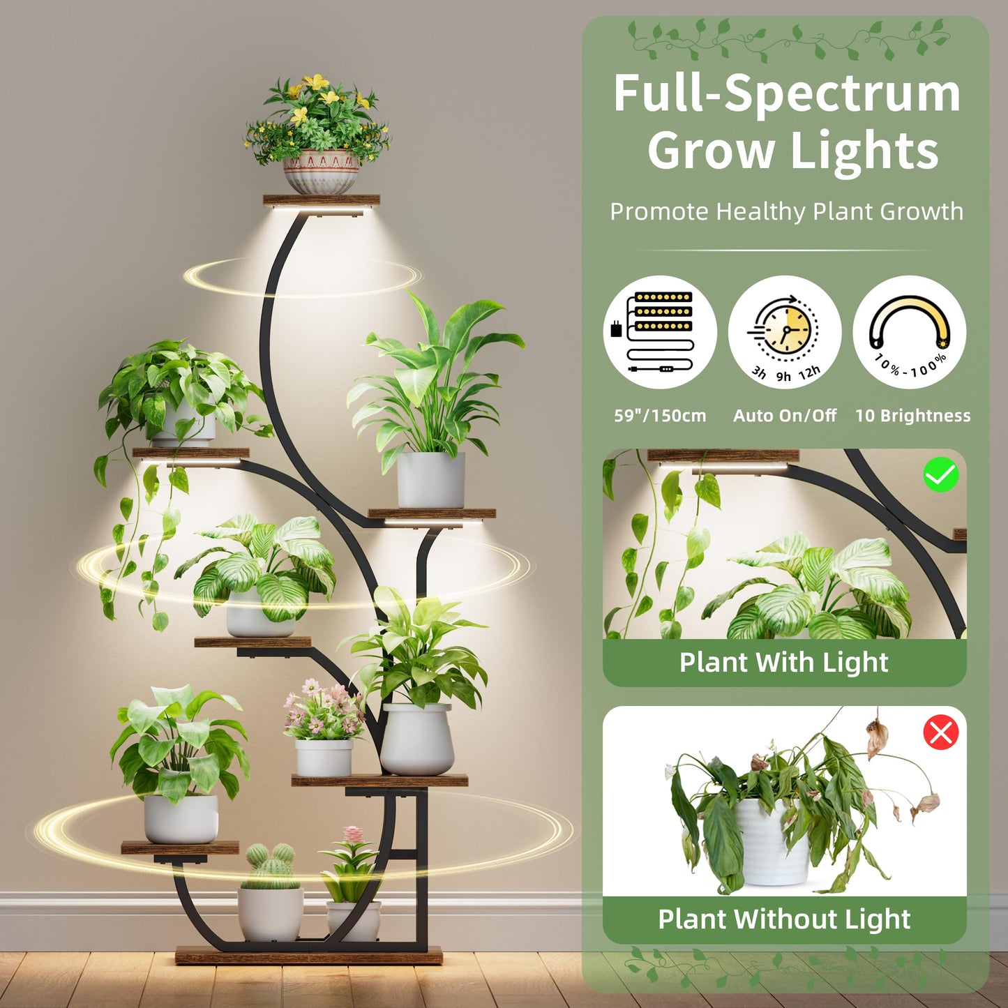 Plant Stand Indoor with Grow Lights - Lighted Indoor Plant Shelf, 57" 7 Tier Corner Plant Stands for Indoor Growing, Tall Flower Display Shelf, Metal S-Shaped Holder for Living Room, Bedroom, Black