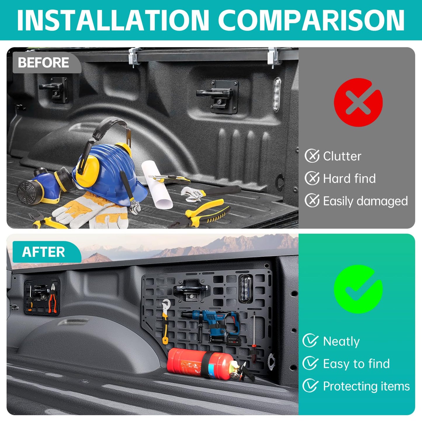 OUSUWO Side Truck Bed Molle Panel Rack System Compatible with 2015-2023 Ford F150 Accessories 5.5FT Cargo Storage Organizer Tools Rack Fit for 2015-2023 F-150 Accessories