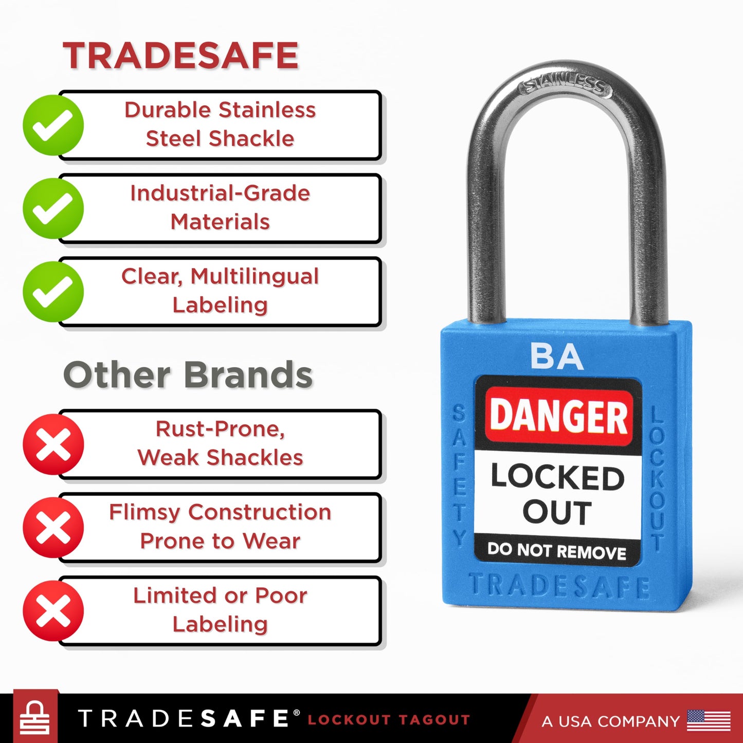 TRADESAFE Lockout Tagout Lock Sets, 10 Blue Keyed Alike Unlimited Grouping Safety Padlocks, 2 Keys Per Lock, OSHA Compliant Loto Locks, for Lock Out Tag Out Kits