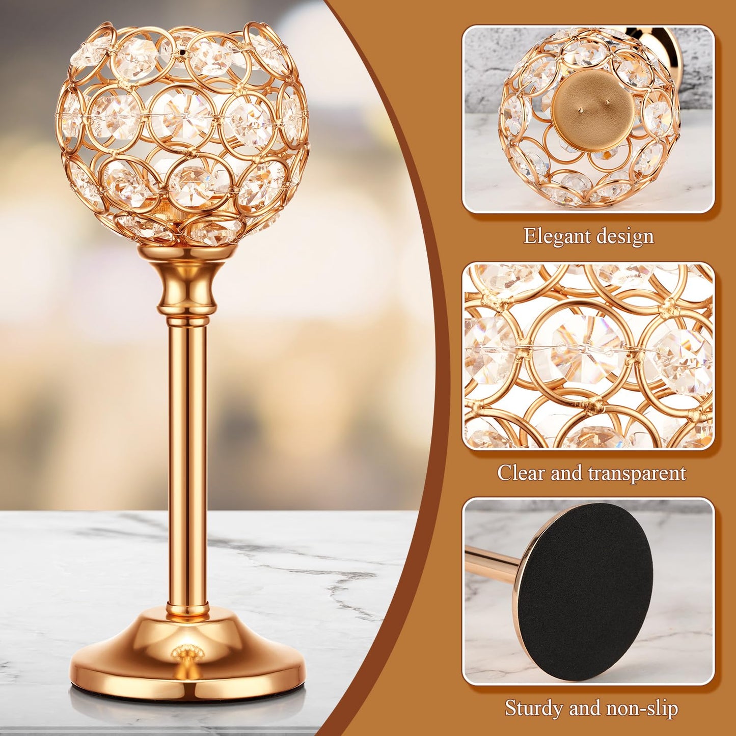 Mimorou 12 Pack Crystal Candle Holders Gold or Silver Candle Holders Bulk Tealight Candlestick Crystal Candelabras for Wedding Party Valentine Christmas Dining Table Centerpieces Decoration (Gold)