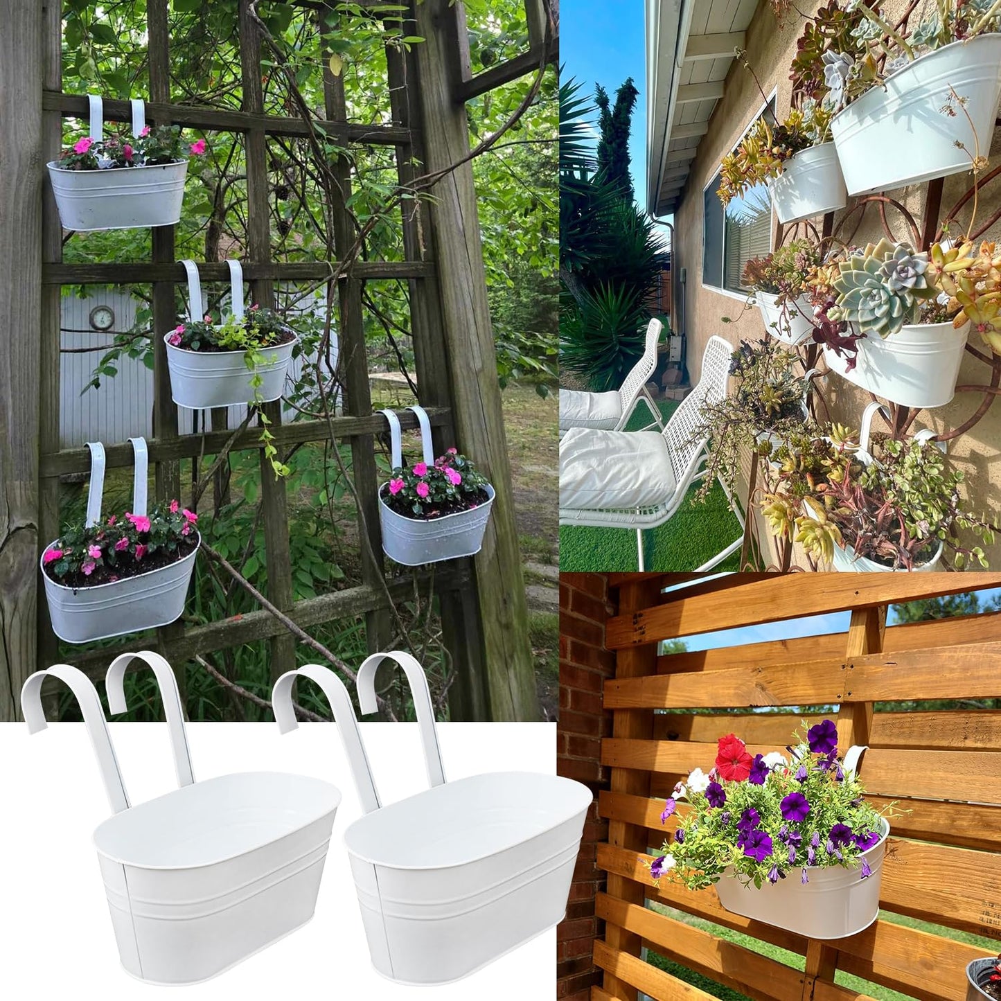 Biugaaufai 6 Pack Metal Railing Planter for Outdoor Plants, White Iron Railing Planters, Metal Window Hanging Flower Pots for Balcony, Fence, and Patio Railings, Garden Decor with Drainage Holes