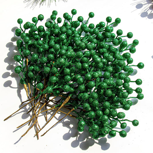 VioletEverGarden 32 Pack Glitter Christmas Picks 6.5 Inch Christmas Berry Stems Green Artificial Berry Stems for Holiday Xmas Tree Home Decorations