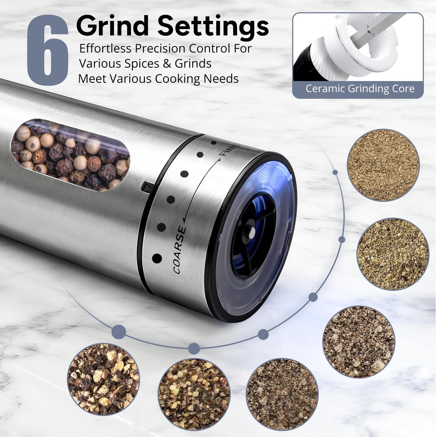 Rechargeable Electric Salt and Pepper Grinder Set with 6 Adjustable Coarseness, Large Capacity, LED Light, Stainless Steel Automatic Pepper Mill - BBQ Accessories, Cooking Gift for Dad, Men Women