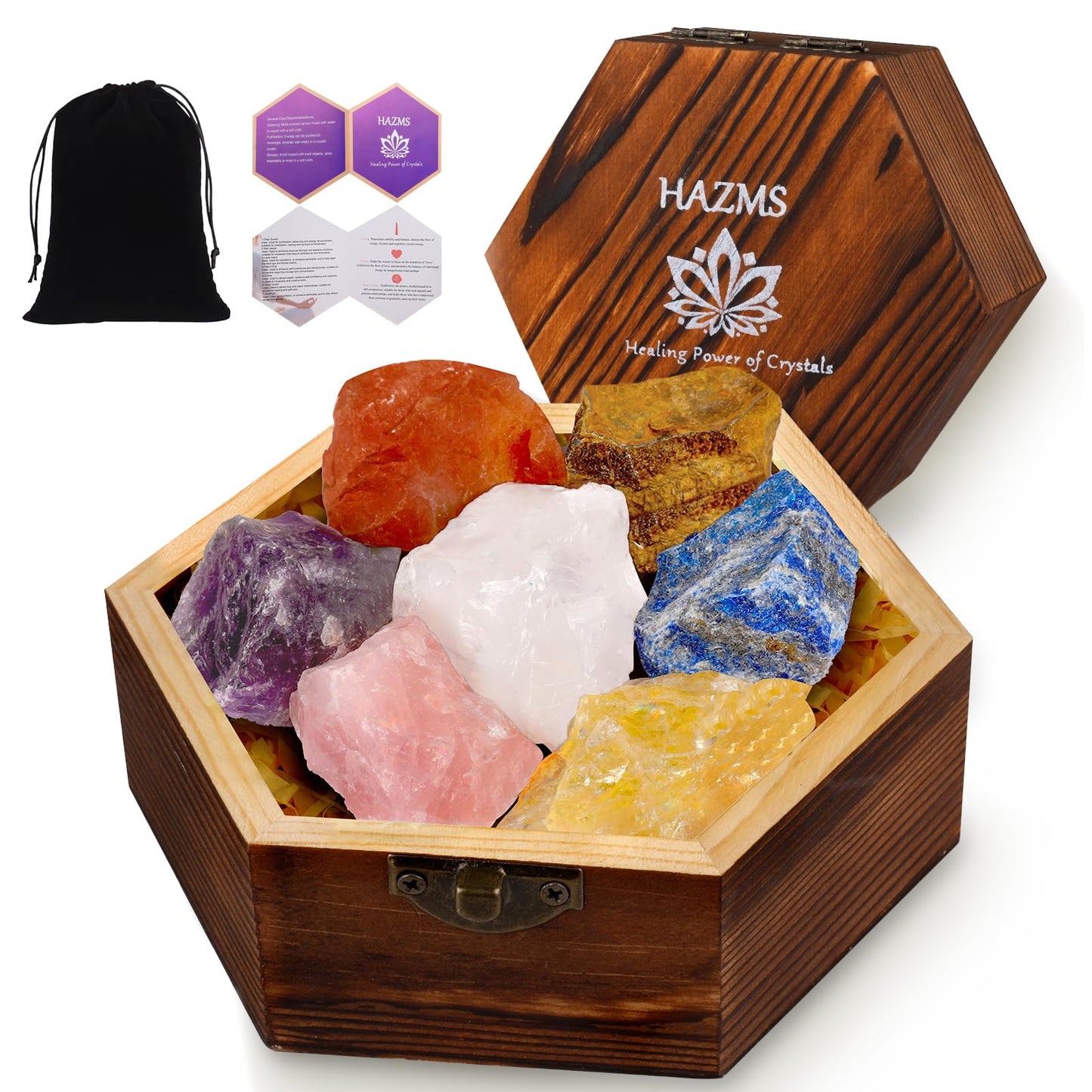 Hazms 7pcs Crystals and Healing Stones with Wooden Gift Box, Raw Healing Crystals and Chakra Stones Set, Rose Quartz, Amethyst, Clear Quartz for Meditation Yoga Healing Protection-Gift for Women