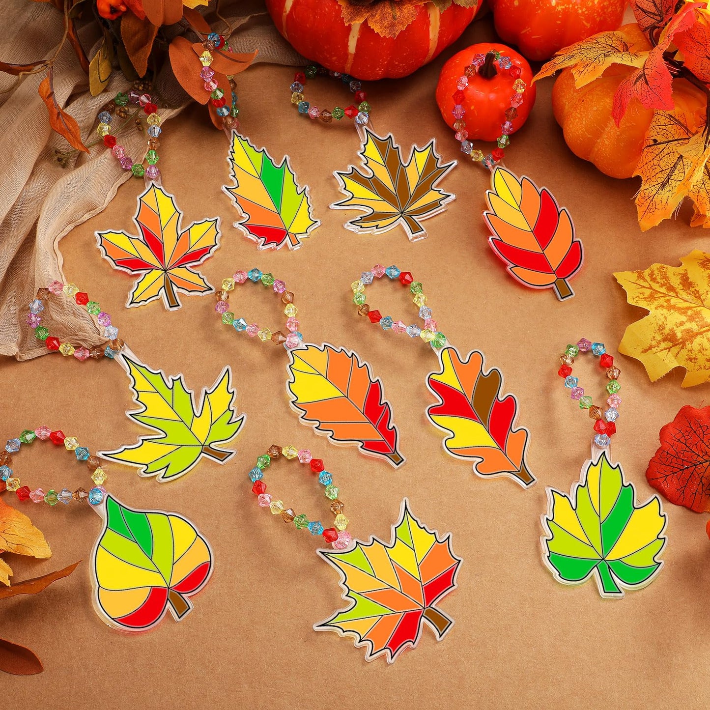 Beeveer 30 Sets Fall Leaf Suncatchers Art Kits DIY Autumn Maple Leaf Suncatcher Crafts Paint Your Own Window Ornaments for Adults Thanksgiving Harvest Activity Party Favor