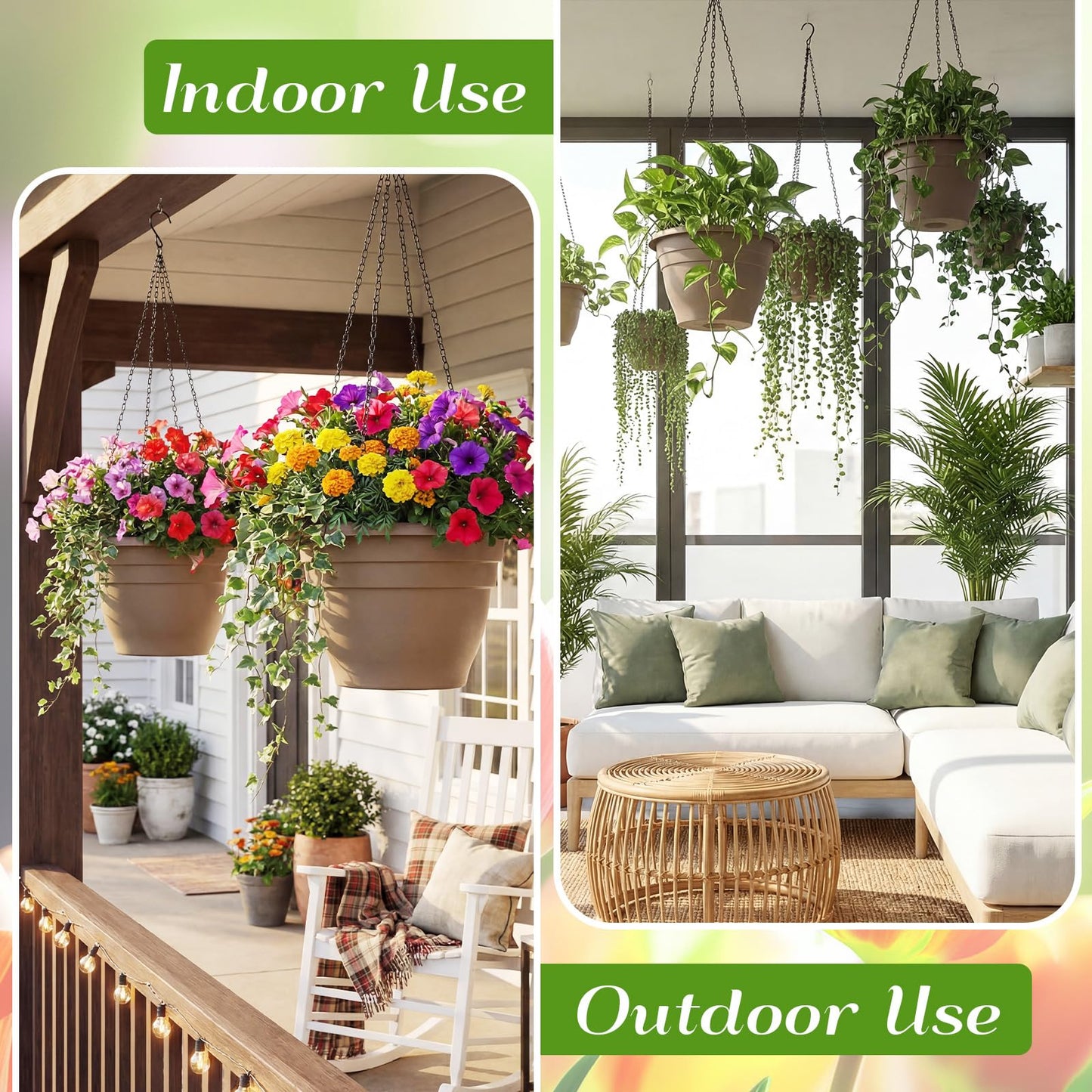 Romooa 20 Pack 10 Inch Plastic Hanging Planter Bulk Brown Hanging Baskets for Plants with Drainage Trays Self Watering Plant Pot Outdoor Indoor Planter for Garden, Balcony, Porch, Patio Decor