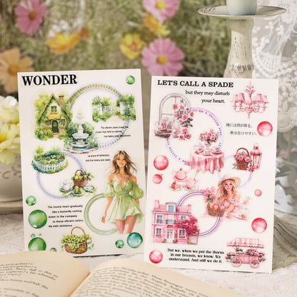 Cullevo 600PCS Spring Floral Scrapbook Stickers – Flower Shadow Spring Breeze Edition with Characters, Junk Journal Supplies + 28PCS Retro Background Paper & A6 Kraft Notebook
