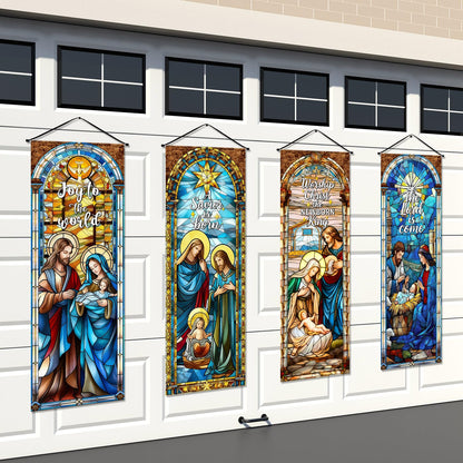 Panelee 4 Pcs Nativity Scene Banner Religious Christmas Backdrop Holy Nativity Stained Glass Style Wall Decorations Jesus Porch Sign for Xmas Indoor Outdoor Church Wall Hanging Decor