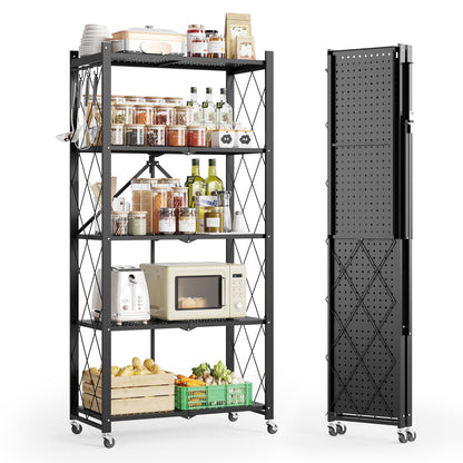 Fenbeli 5 Tier Folding Storage Shelf with Wheels & 8 S-Hooks, No Assembly Heavy Duty Metal Foldable Shelves, 300 LBS Capacity Rolling Collapsible Shelving Unit for Kitchen, Garage, Pantry, Living Room