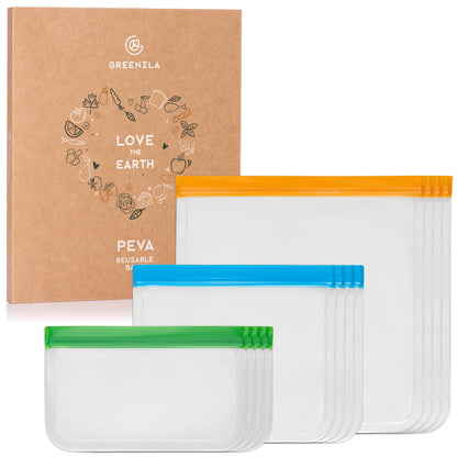Greenzla Reusable Food Storage Bags - 12 Pack BPA-Free, Extra Thick, Leakproof Freezer & Lunch Carriers; 4 Gallon, Sandwich & Snack Options - Reusable Lunch Bags