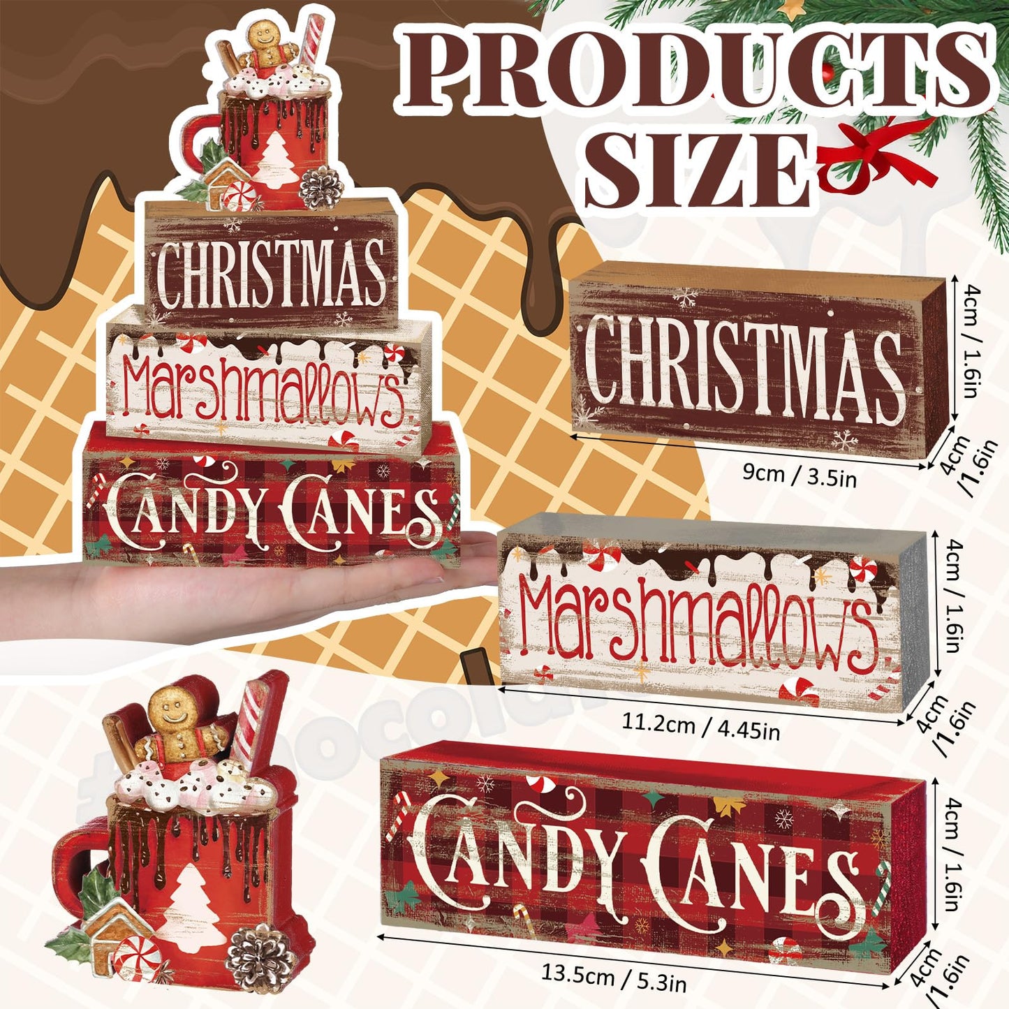 Moucuny 4 Pcs Christmas Hot Cocoa Table Decor Christmas Wooden Decorative Signage Hot Cocoa Tiered Tray Decor Xmas Centerpieces Farmhouse Wooden Block Set Xmas Table Sign for Home