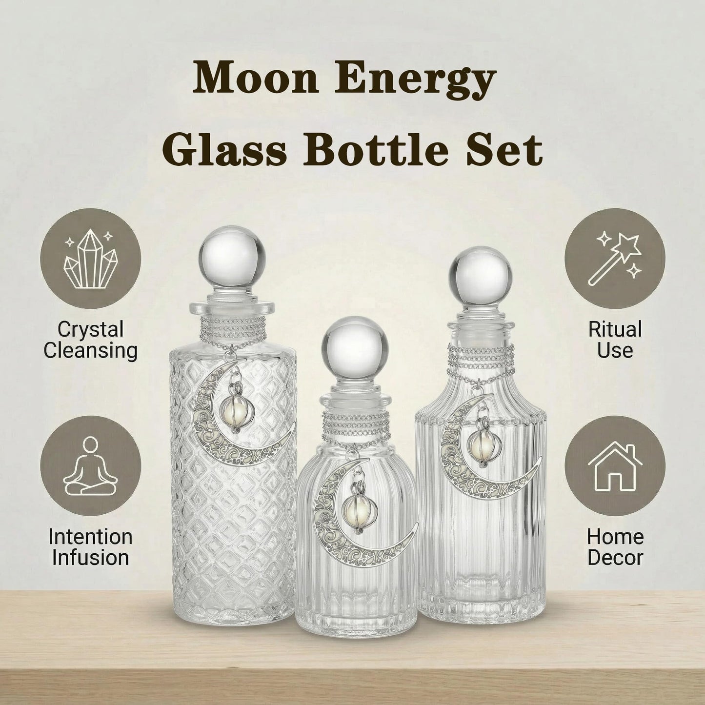 Moon Energy Glass Bottle Set with 3 Luminous Moon Pattern Necklace, Airtight Glass Jars for Crystal Cleansing, Rituals & Altar Decor Meditation Witchcraft with Leak-Proof Silicone Stopper