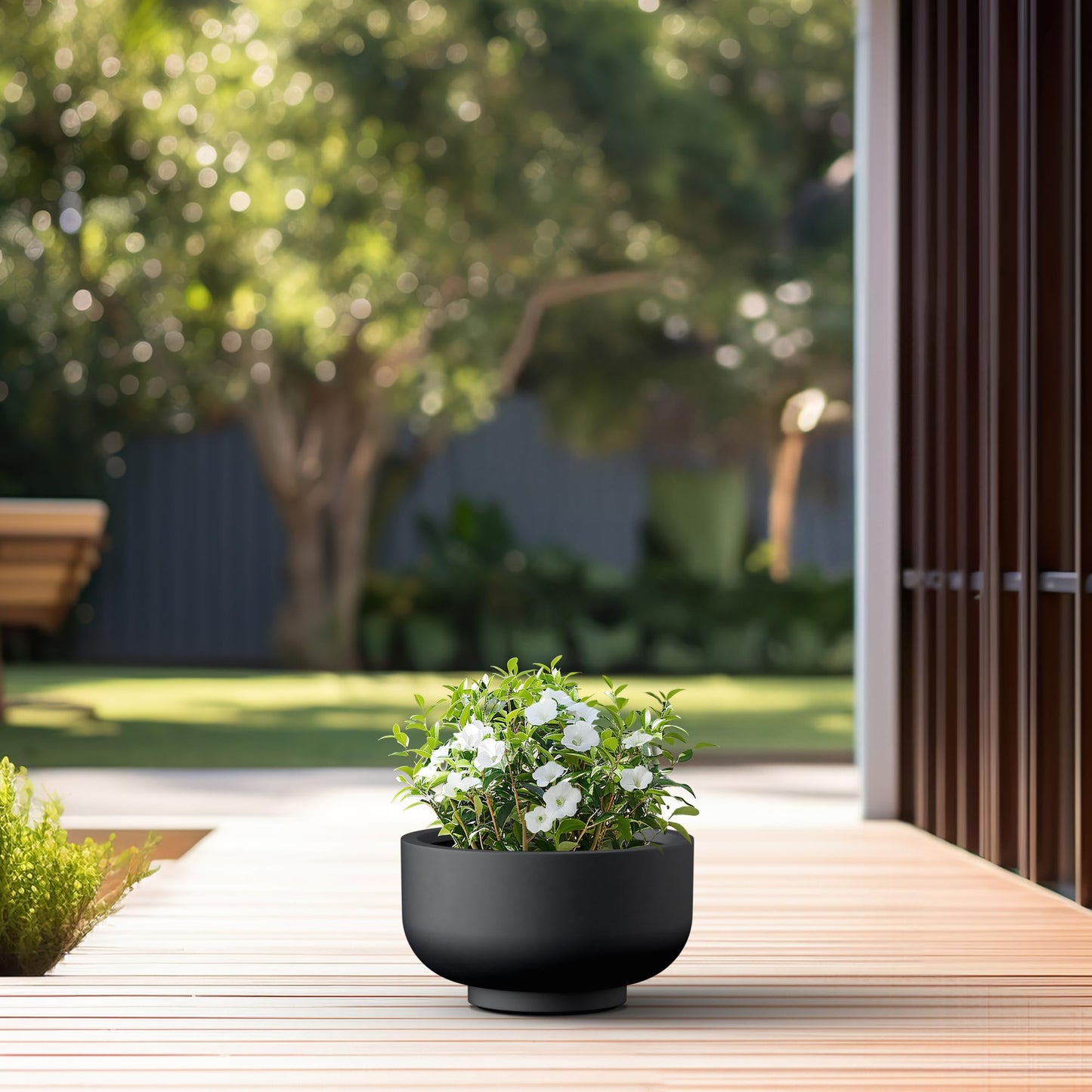 Kante 13.8 Inch Dia Concrete Bowl Planter, Large Tapered Bottom Plant Pot with Drainage, Smooth Black Finish with Painted Interior, Ideal for Porch, Home, Garden, Patio