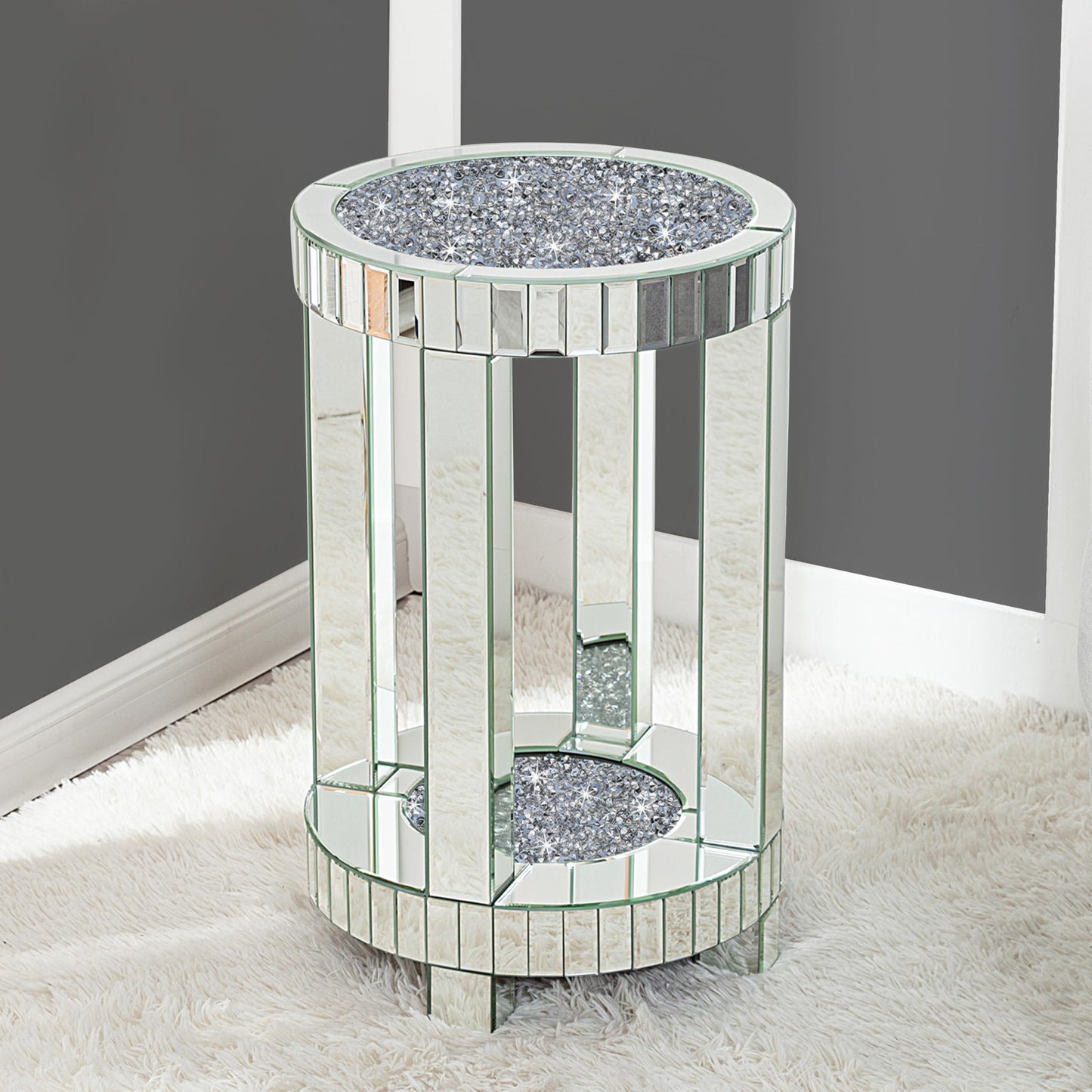 SHYFOY Mirrored Round End Table with Crystals Inlay, 2-Tier Modern Glass Small Sofa Table with Storage, Silver Accent Table for Living Room, Bedroom and Small Spaces