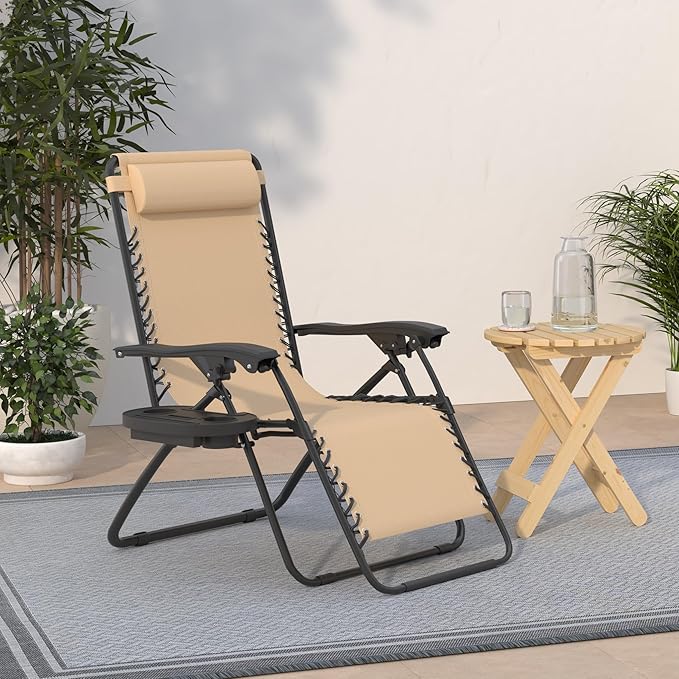 Best Choice Products Set of 2 Adjustable Steel Mesh Zero Gravity Lounge Chair Recliners w/Pillows and Cup Holder Trays - Sand
