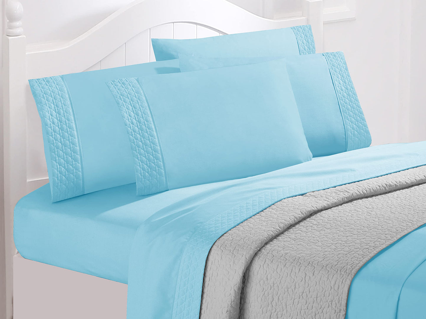 Elegant Comfort Luxury Soft Coziest 4-Piece Bed Sheet Set 1500 Thread Count Egyptian Quality Microfiber Wrinkle Resistant Beautiful Quilted Design on Flat Sheet and Pillowcases, Queen, Aqua