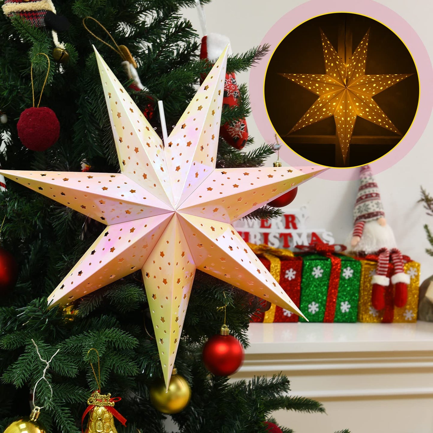 Mudder 19.7 Inch Christmas Star Paper Lantern 7 Pointed Christmas Window Lantern with 10 LED Light Strings Hanging Pendant Xmas Tree Ornaments for Holiday Decor Home(Classic,Holographic Rainbow)