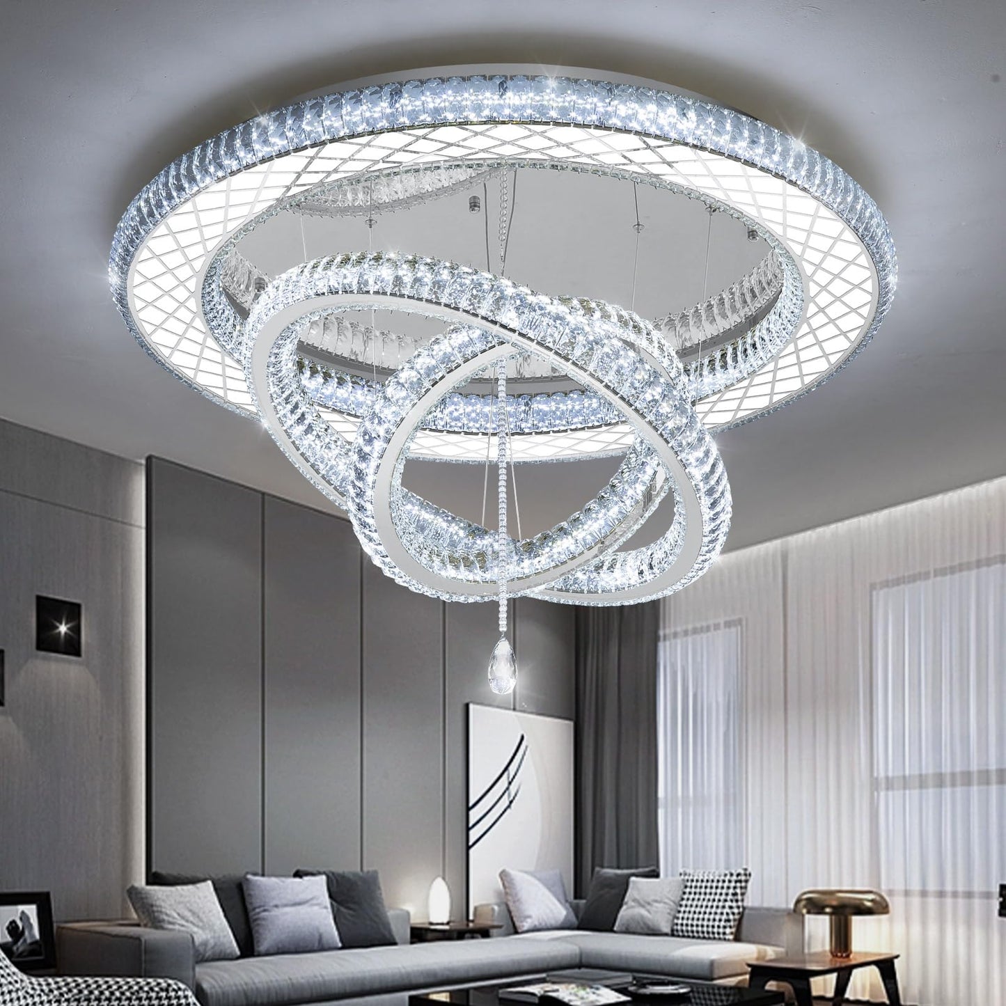 39.4" Modern Crystal Chandeliers Dimmable Lager Chandelier LED Flush Mount Ceiling Light High Ceiling Chandelier for Living Room Dining Room Bedroom Foyer Hallway Entryway Silver