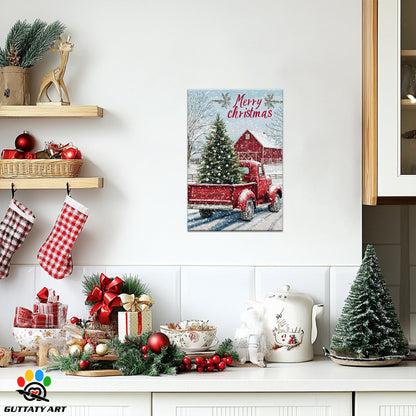 GUTTATY Christmas Canvas Wall Art, Christmas Tree Truck Wall Decor, Merry Christmas Sign Xmas Artworks, Barn House Wall Pictures, Winter Snow Scene Christmas Posters for Living Room 18x24 Inch