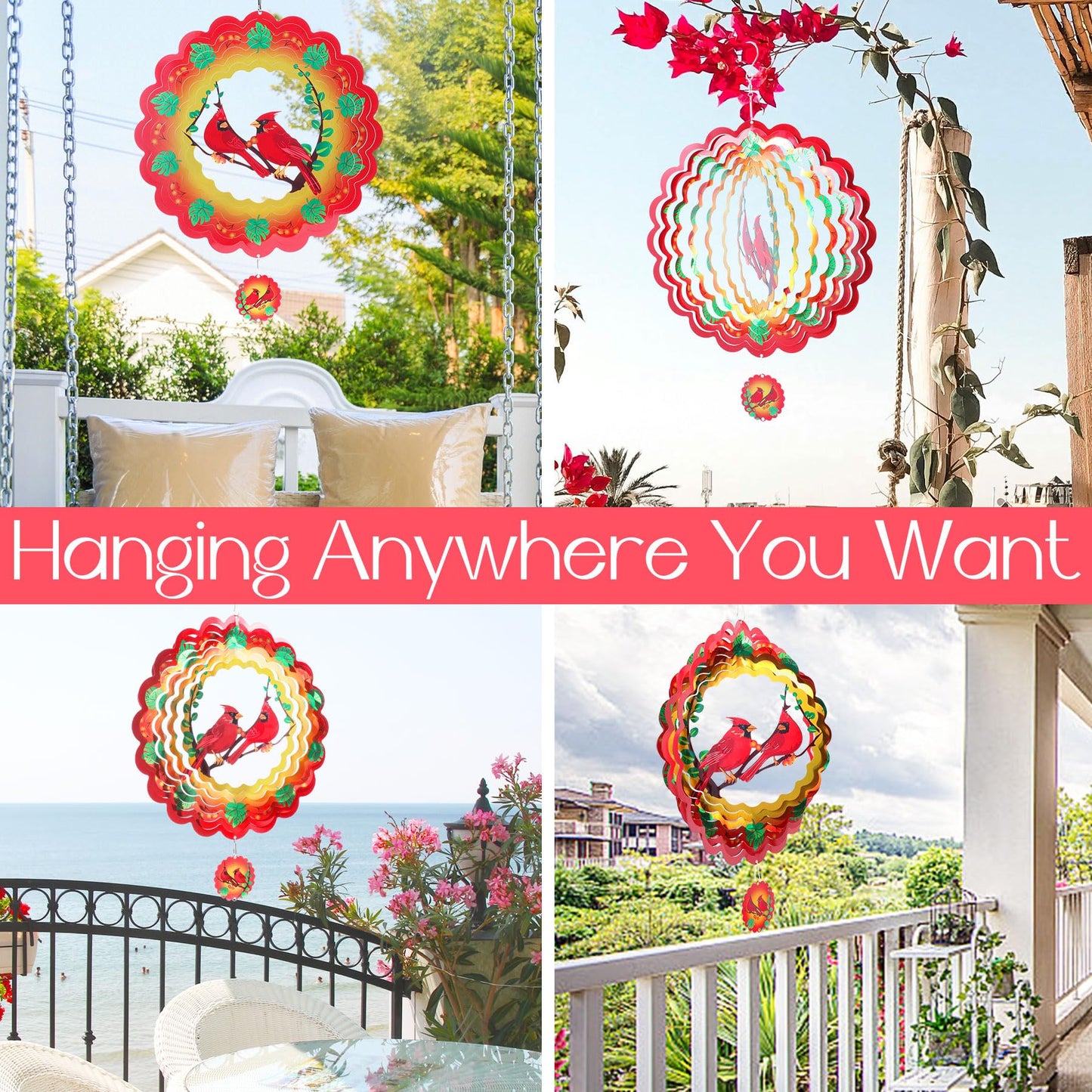 Cardinal Wind Spinners Gift for Women Men, 12 Inch Outdoor Metal 3D Wind Spinner Garden Yard Decor, Hanging Wind Catchers Stainless Steel Kinetic Sculpture for Outside Decoration