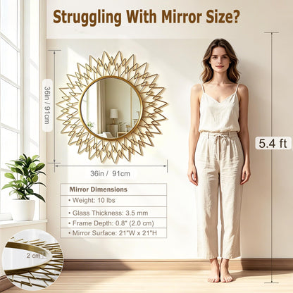 Qiqiong 36" Large Gold Sunburst Wall Mirror - Mid Century Modern Round Starburst Mirror with Metal Radiating Frame - Statement Decorative Wall Art for Living Room, Entryway, Fireplace Mantel