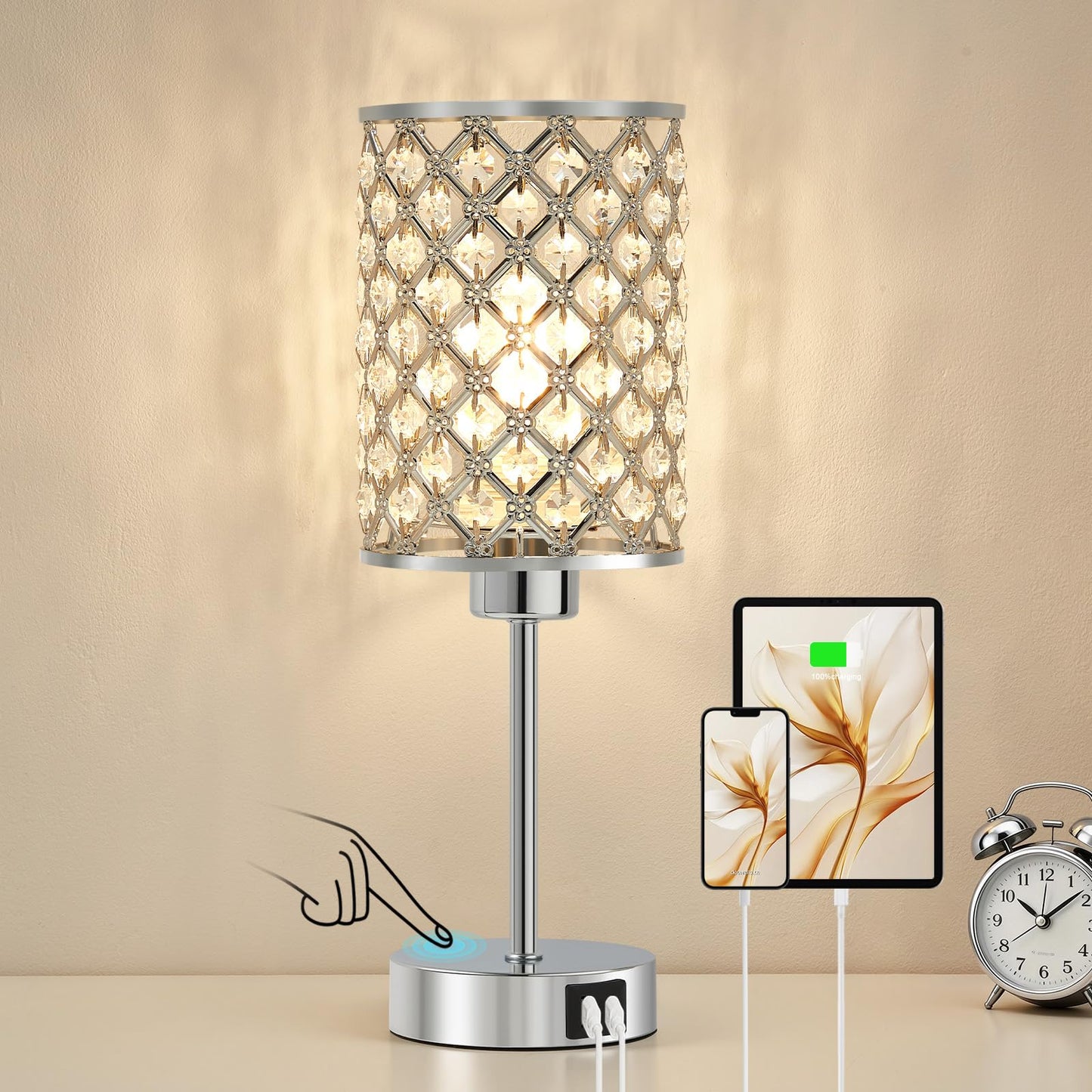 GyroVu Crystal Touch Table Lamp for Bedroom, Silver Desk Lamp with USB-C & USB-A Ports, Dimmable Modern Bedside Lamp for Nightstand, Living Room & Home Office - LED Bulb Included