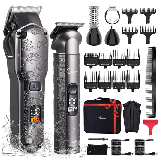 Hatteker Professional Hair Clippers for Men Beard Trimmer Clippers and Trimmer Set Waterproof T-Blade Trimmer Cordless Grooming Kit Nose Body Hair Trimmer Barber Clippers