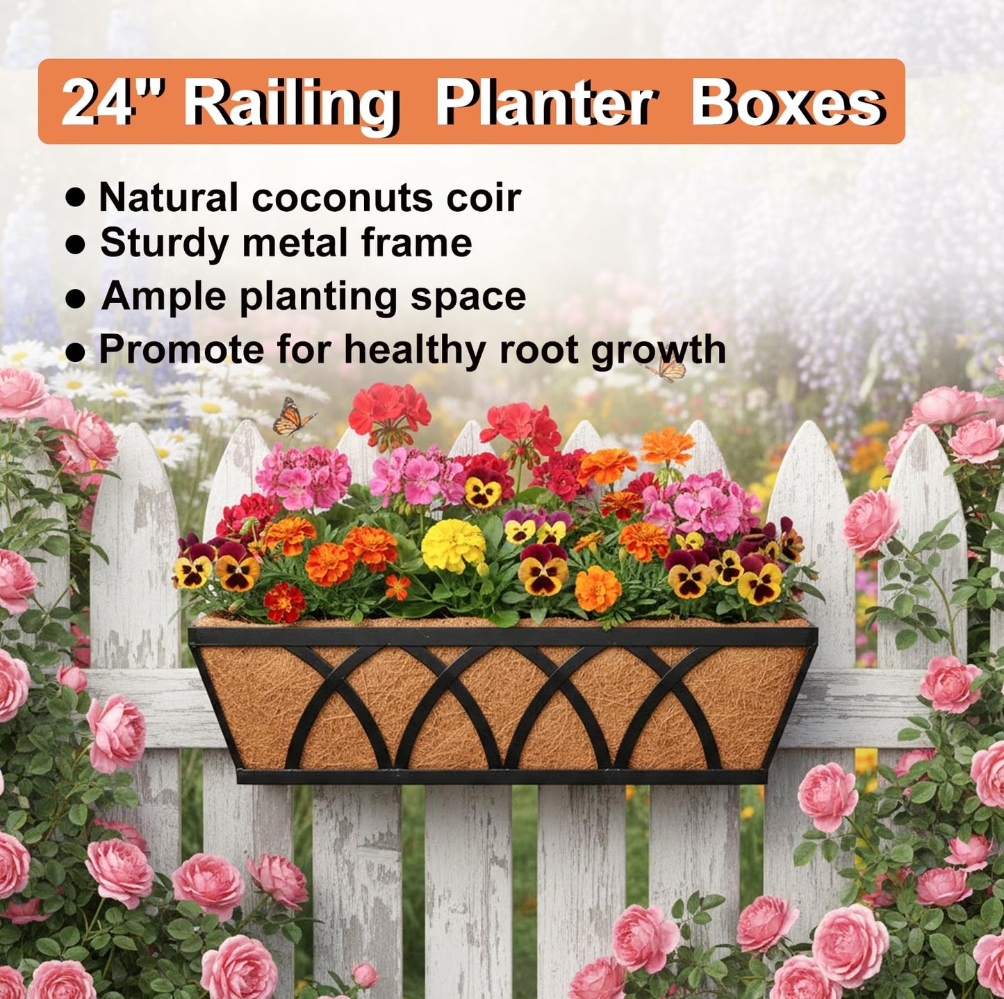 Flat Railing Planter Window Box Wall Hanging Planters (2 Pack, 24 Inch) Balcony Fence Planter with Coco Liner, Horse Trough Planter Metal Window Planter Box for Outdoor Plant Holder Rail Deck