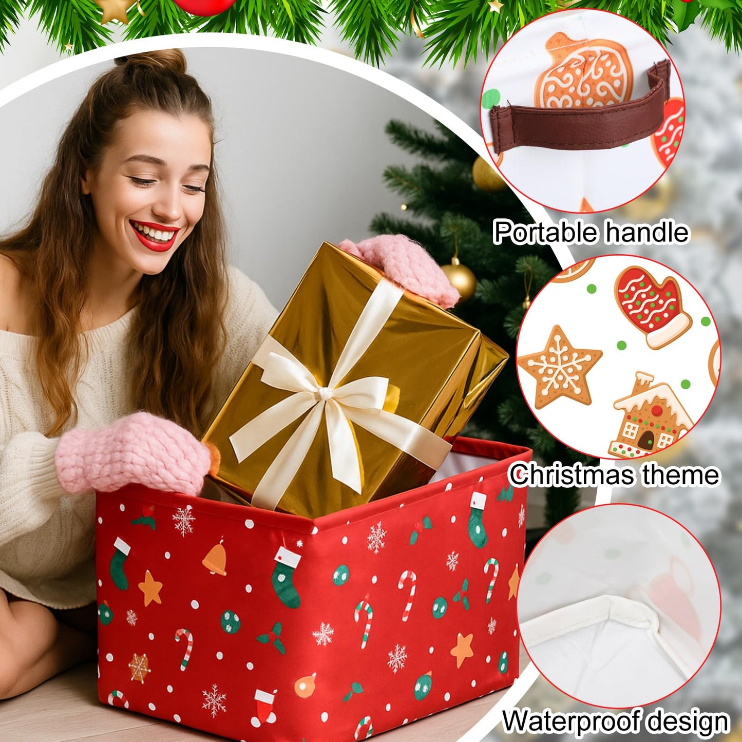 Geelin 3 Pcs Large Christmas Baskets 15 x 11 x 9.5 Inch Empty Xmas Storage Bin with Handles Collapsible Waterproof Extra Big Foldable Gift Basket for Office Home Bedroom Cloth Toy Gift(Vintage)