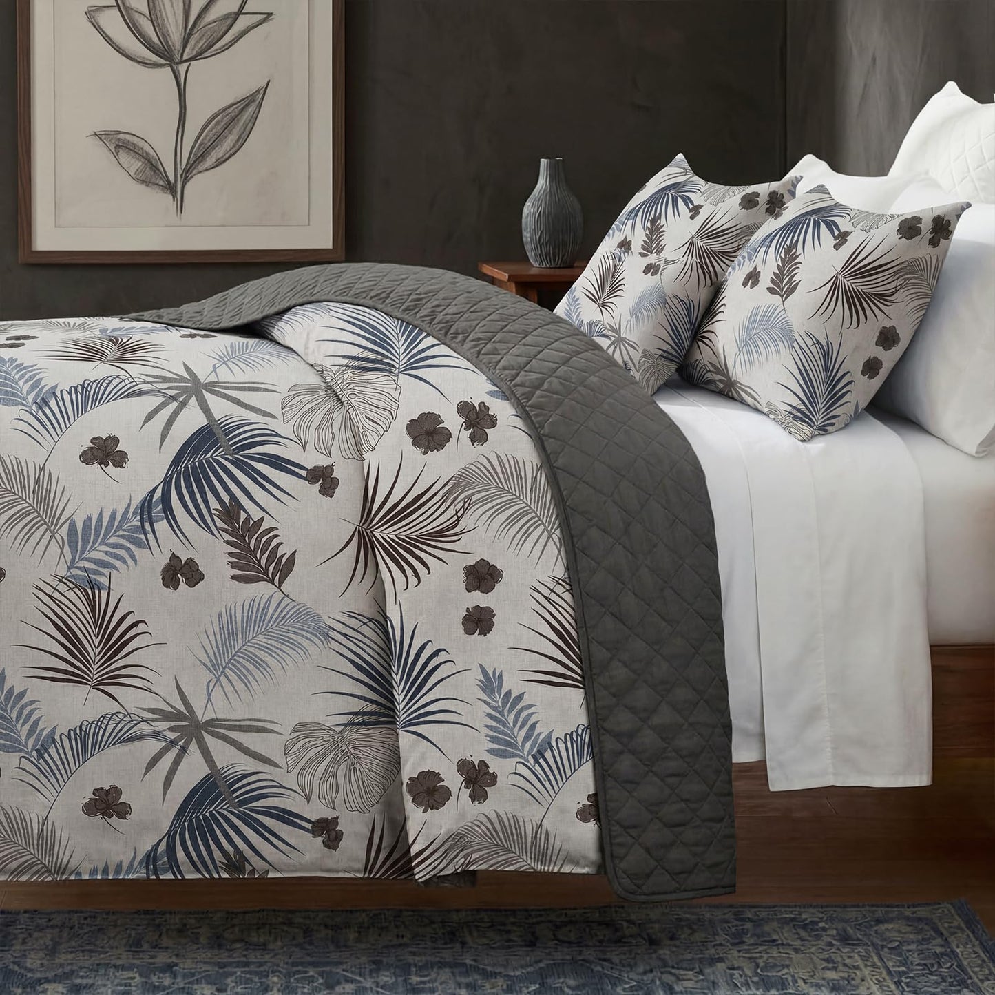 Bedorm 100% Cotton Duvet Cover Set King Vintage Floral Bedding Set Gray Blue Palm Tree Leaf Botanical Print Soft & Durable Duvet Cover with Zipper Closure