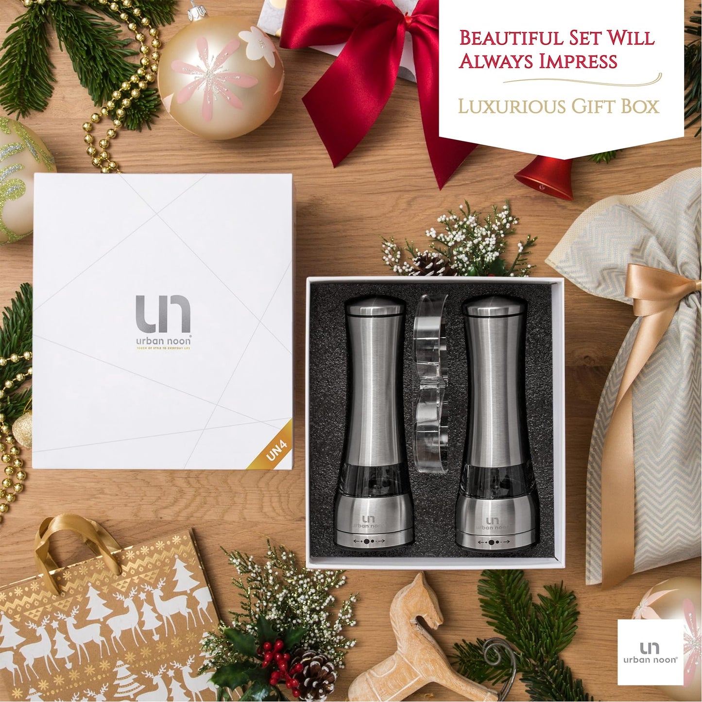 Salt and Pepper Grinder Set - Large Capacity Stainless Steel Pepper Grinder and Salt Grinder with Tray in Luxurious Gift-Box - Manual Mills with Ceramic Grinders and Adjustable Coarseness (Set of 2)