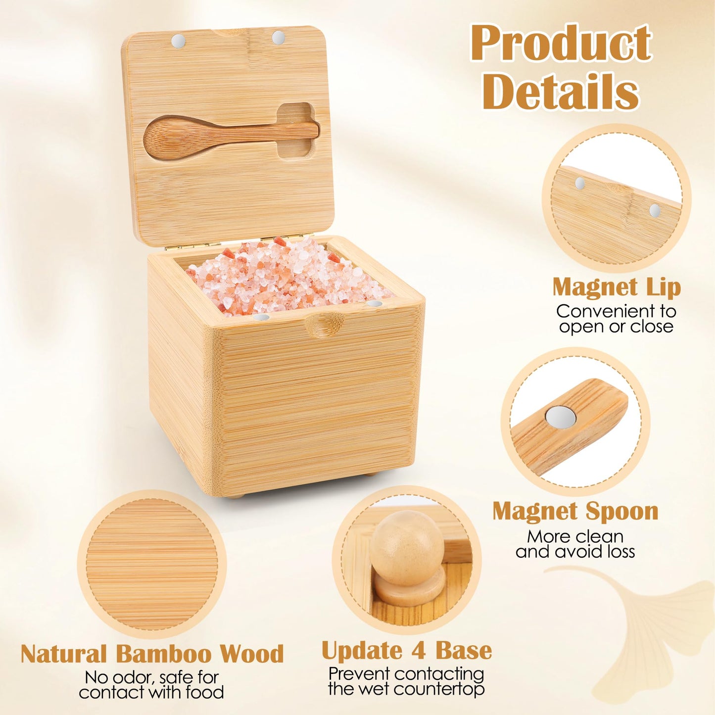 Luxiv Updated Bamboo Salt Cellar with Lid and Spoon, Bamboo Salt Box Wood Spice Box with Magnetic Lid for Pepper Spice Sea Salt Container Jar For Countertop with 4 Bases
