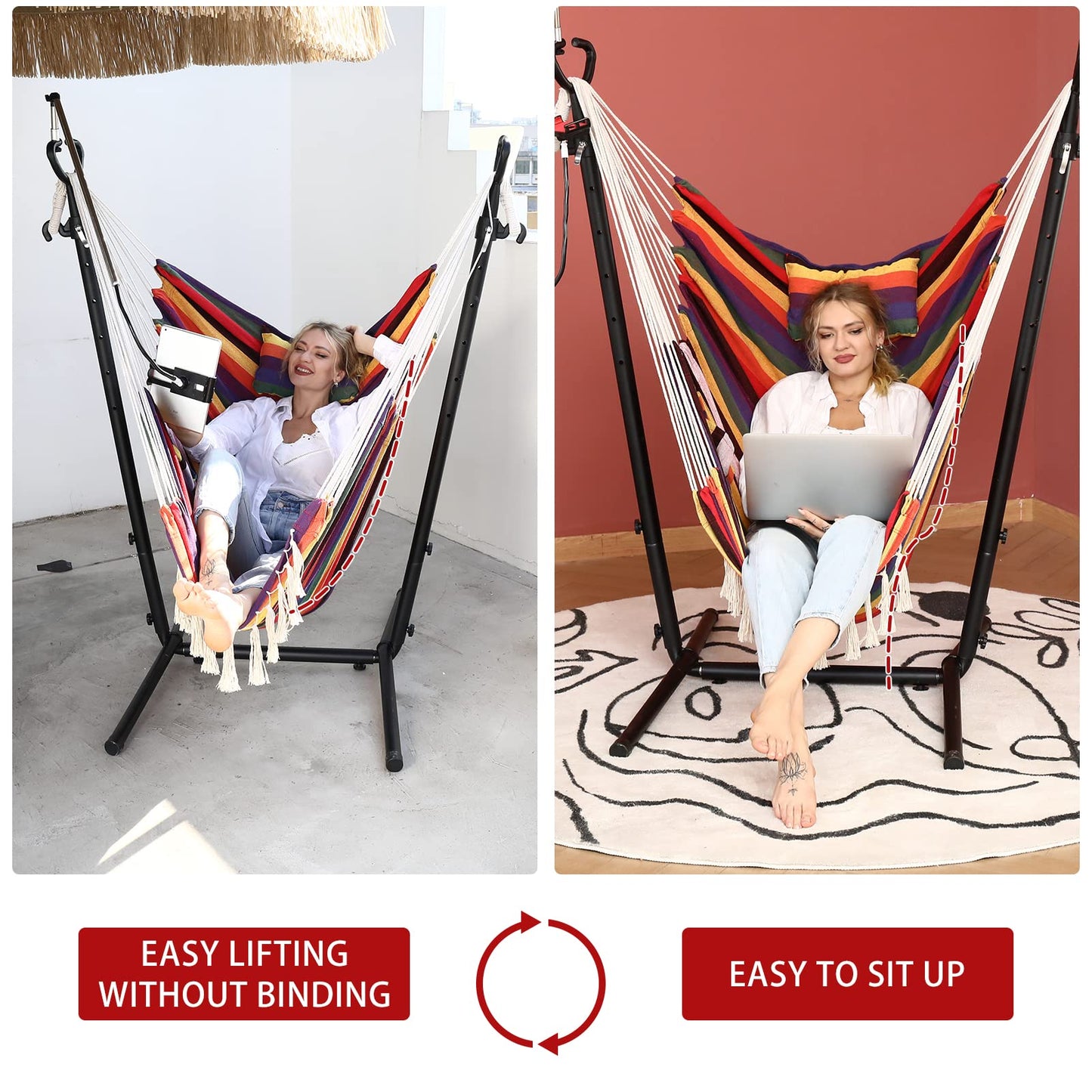 ZEYU Hammock Chair with Stand Double Hammock Chair Bohemian Style with Tassel Mobile Phone Support Manual Adjustable Swing Indoor and Outdoor Garden Porch with Floor mat Reclining Capacity 400 pounds