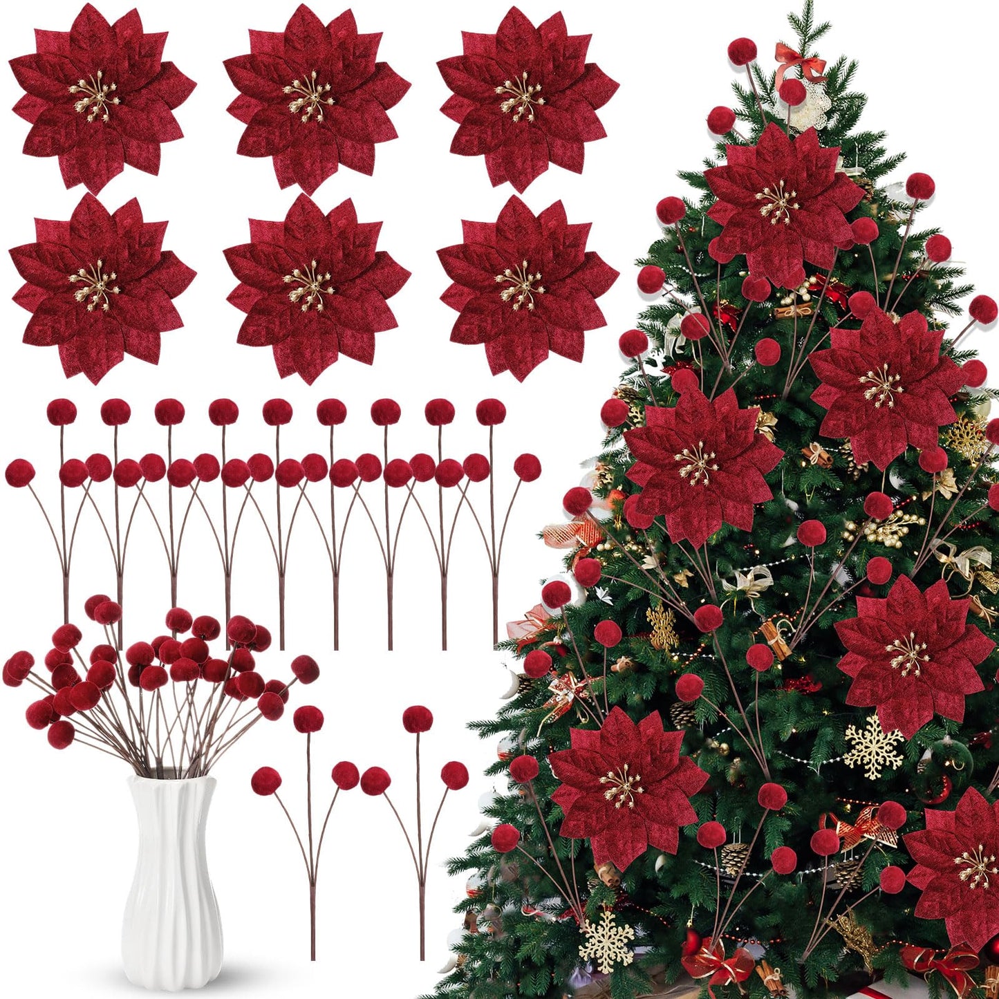 Hungdao 18 Pcs Velvet Christmas Tree Ornament Set Artificial Christmas Poinsettia Flower with Clips and Tree Picks Neutra Holiday Ornaments for Xmas Wreath Fireplace Stairs Decor(Burgundy)