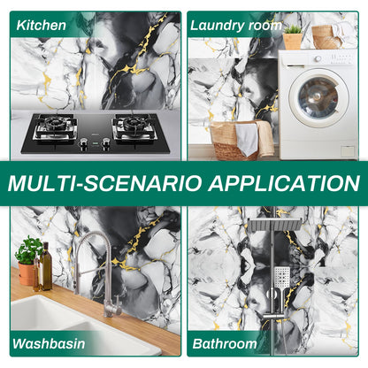 12pcs White and Black Marble Peel and Stick Tiles 23.6"x11.8" Waterproof Heat Resistant Self Adhesive Removable PVC Wall Panels for Kitchen Backsplash, Bathroom, Laundry (Not Real Tile, Not for Floor)