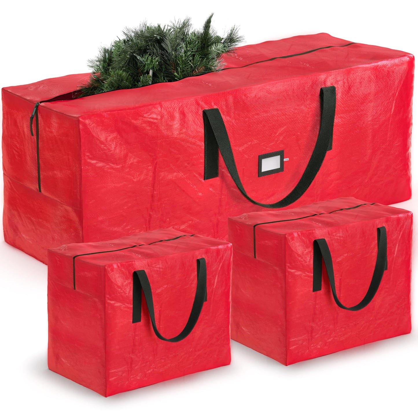 ZOBER Christmas Tree Storage Bag - With 2 Ornaments Accessories/Garland Bags - Fits 7.5 Ft Trees - Plastic, Waterproof Christmas Tree Bag For Storage Box For Xmas - Strong, Durable Handles - Red