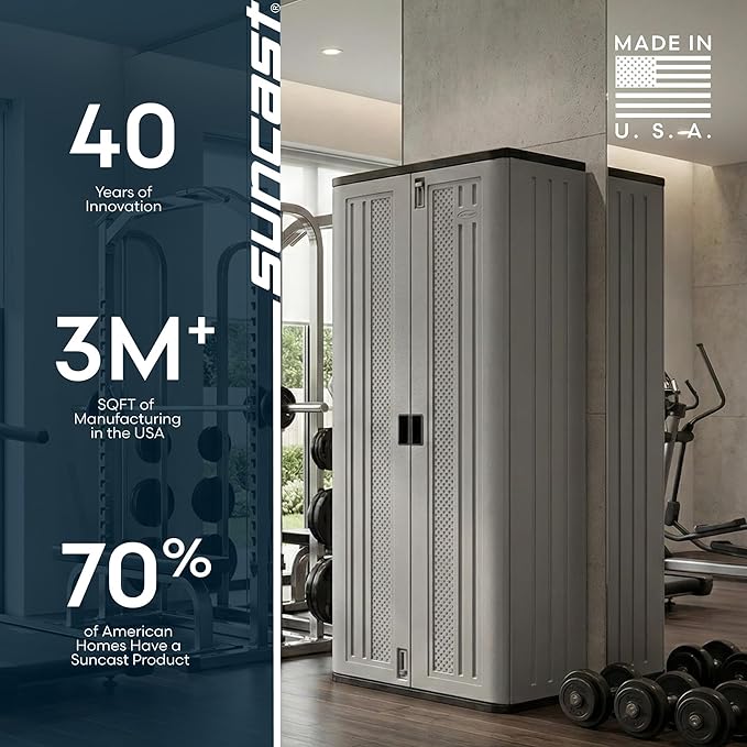 Suncast Tall Storage Cabinet, Platinum Resin Garage Storage Cabinet with Doors & Shelves, Plastic, Lockable, Freestanding Utility Closet for Tools & Supplies, Made in USA