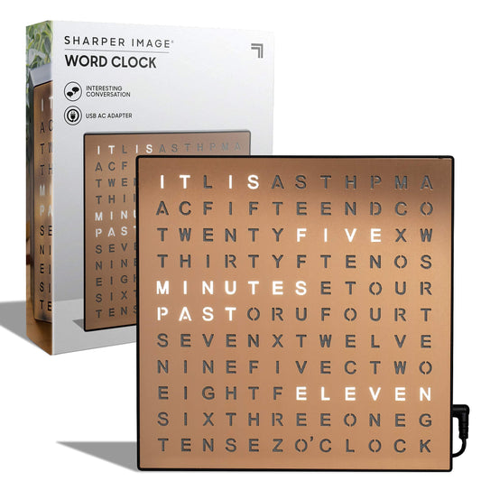 Sharper Image® LED Light-Up Word Clock, 7.75" Modern Design, Electronic Accent Wall or Desk Clock, USB Cord & Power Adapter, Unique Contemporary Home & Office Decor, Easy Setup, Housewarming Gift