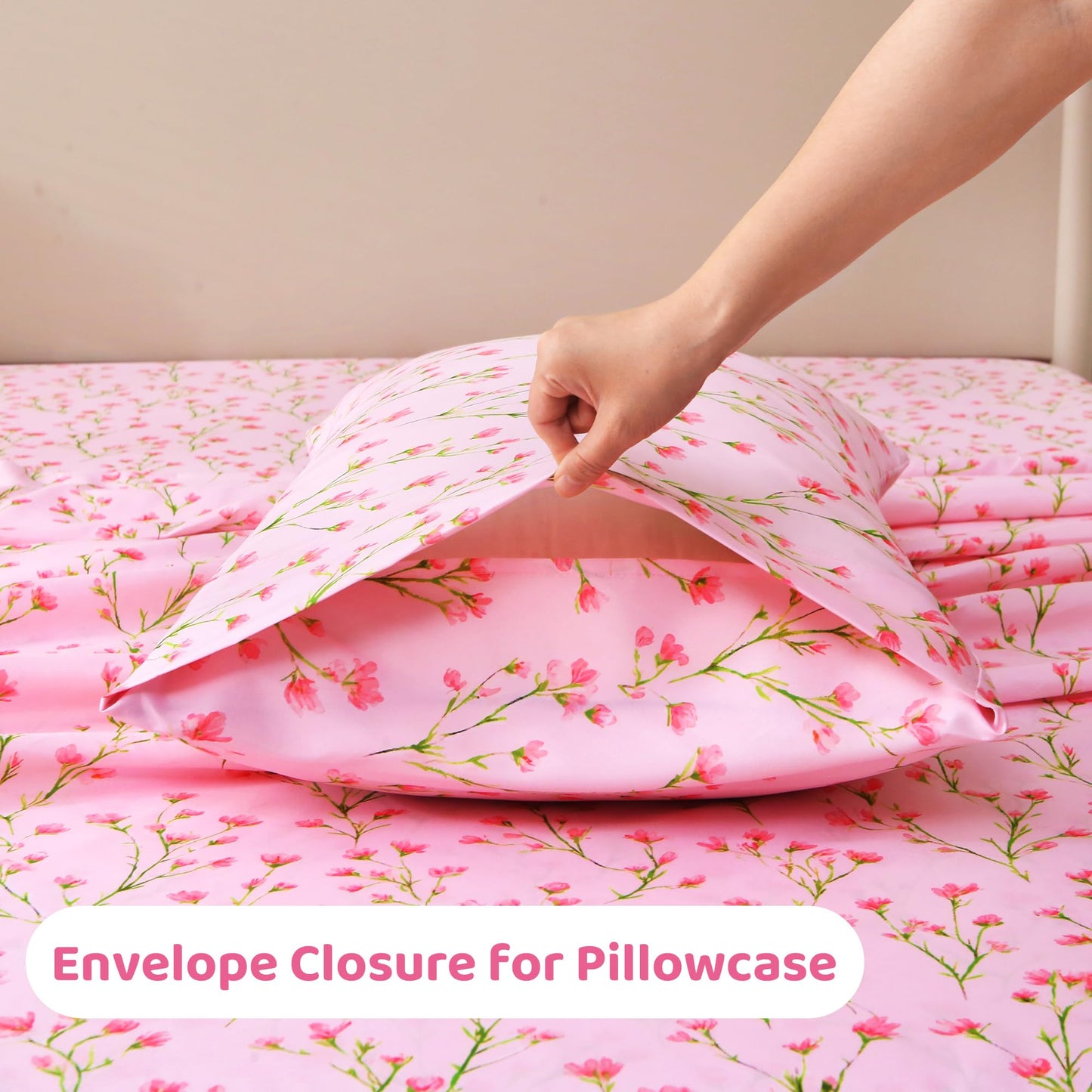 Mooreeke Cozy Floral Microfiber Printed Queen Sheet Set - Soft & Breathable Pink Flowers Bed Sheets with Deep Pocket - Non-Slip Fitted Design - Pink Flowers with Green Branches Pattern - Queen