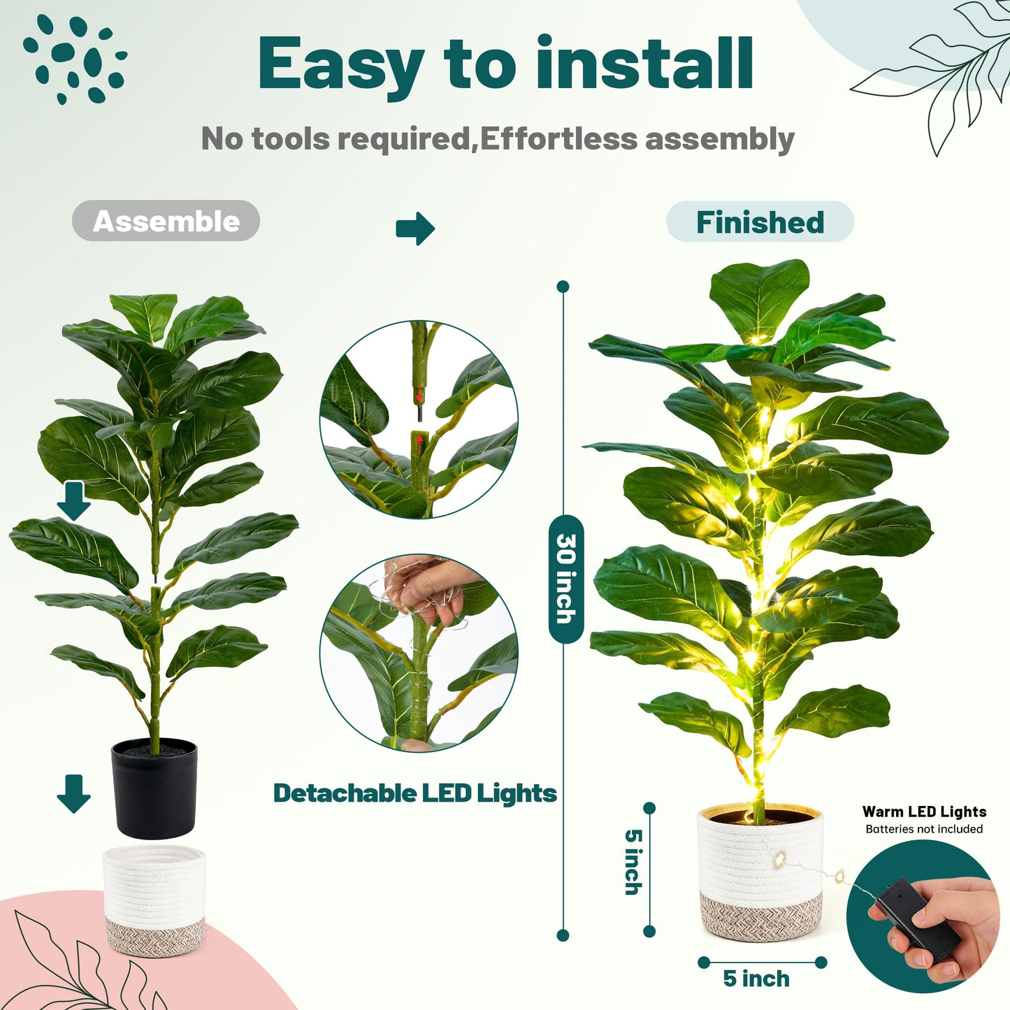 Der Rose 2 Pack 30" Artificial Fiddle Leaf Fig Tree with Warm LED Lights – Battery Powered, Mid-Size Fake Plants for Living Room, Bedroom, Entryway & Home Decor